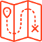 Icon of a folded map with a red location marker, a dashed route leading to an 'X' indicating a destination.